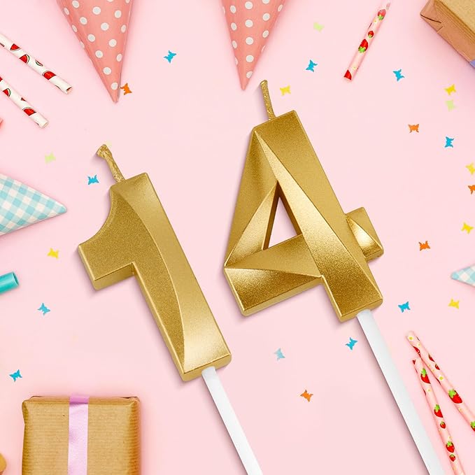 Birthday Candles, 1.96 Inch Number 14 Happy Birthday Candles, Number Candles Decoration for Birthday Party and Anniversary Celebration(Champagne Gold)