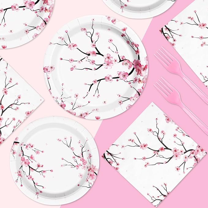 Grencian 96 PCS Cherry Blossom Party Supplies Cherry Blossom Plates and Napkins Disposable Tableware Set Cherry Blossom Birthday Decorations for Baby Bridal Shower Tea Cherry Blossom Decor Serves 24