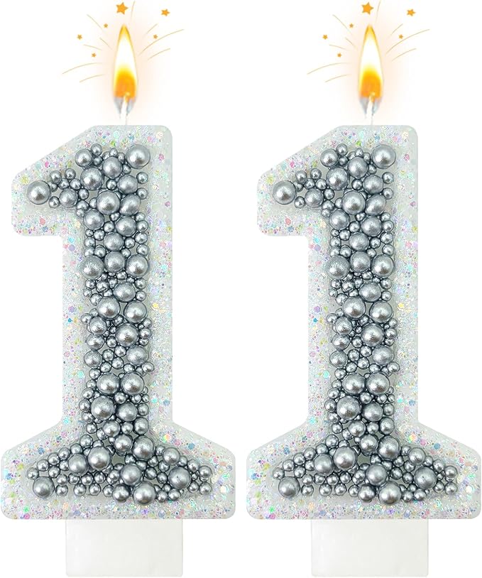 11 Birthday Number Candle for Cake, Glitter Number Candle with Silver Beads, Decorative Cake Topper for Milestone Celebrations