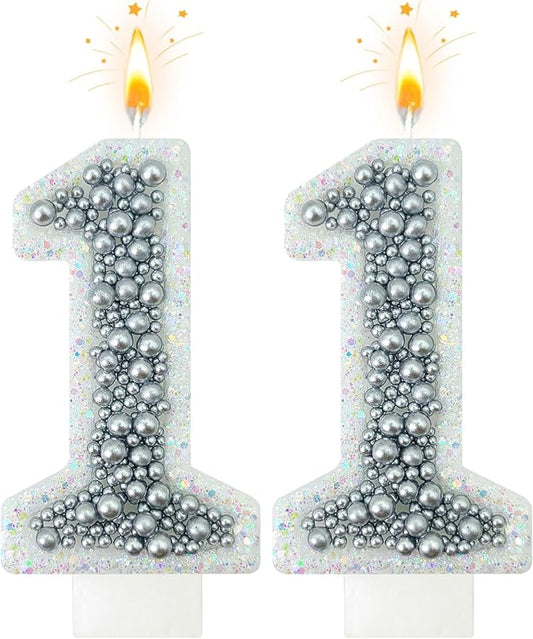 11 Birthday Number Candle for Cake, Glitter Number Candle with Silver Beads, Decorative Cake Topper for Milestone Celebrations