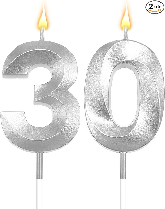30th Birthday Candles Silver 30th Birthday Cake Topper Happy Birthday Decorations Number Candles for Cake Birthday Decorations for Him Her Silver Birthday Candle Candles for Cake Candles