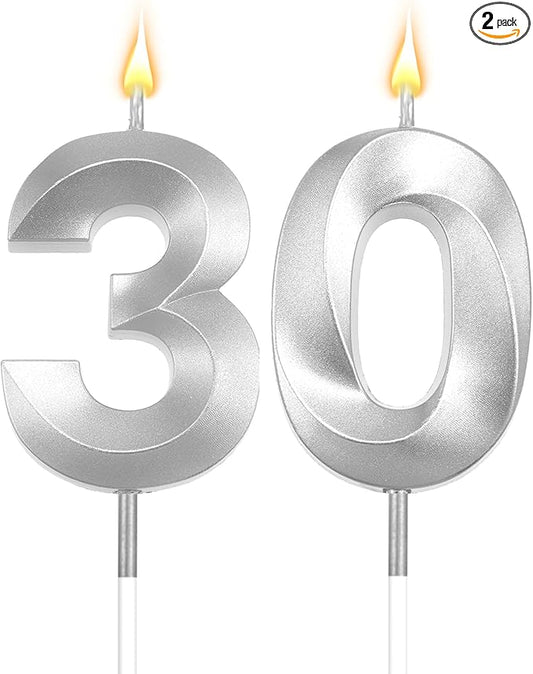 30th Birthday Candles Silver 30th Birthday Cake Topper Happy Birthday Decorations Number Candles for Cake Birthday Decorations for Him Her Silver Birthday Candle Candles for Cake Candles