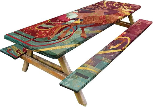 Picnic Table Cover with Bench Covers Set of 3, Elastic Fitted Tablecloth for 6 Foot Tables, Washable Polyester Tablecloths for Camping, Indoor & Outdoor