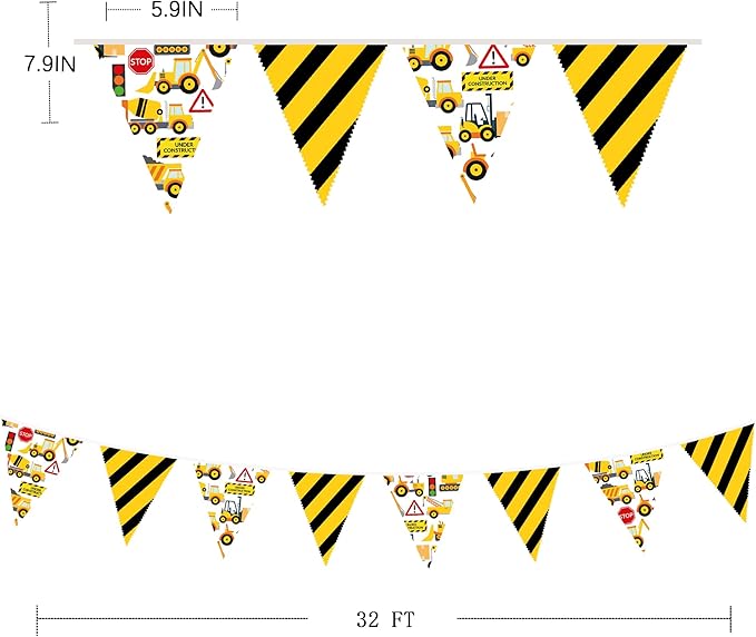 32Ft Construction Party Decorations Yellow Black Construction Themed Fabric Banner Triangle Pennant Flag Garland Streamers for Kids Dump Truck Birthday Excavator Tractor Baby Shower Decor Supplies