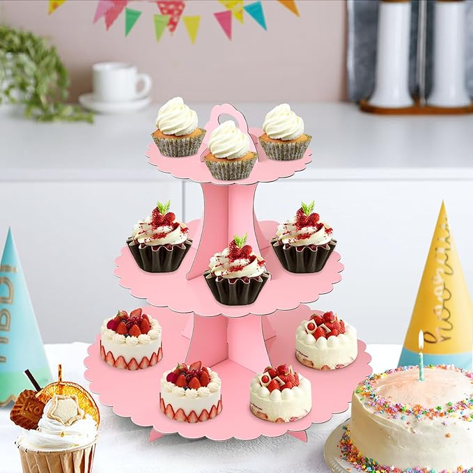 Soleebee 3-Tier Cupcake Stand, Cardboard Cupcake Tower, Dessert Cup Cake Stand Tower for Birthday Wedding Party Decoration, Cupcake Tier Stand 2 Set (Pink)