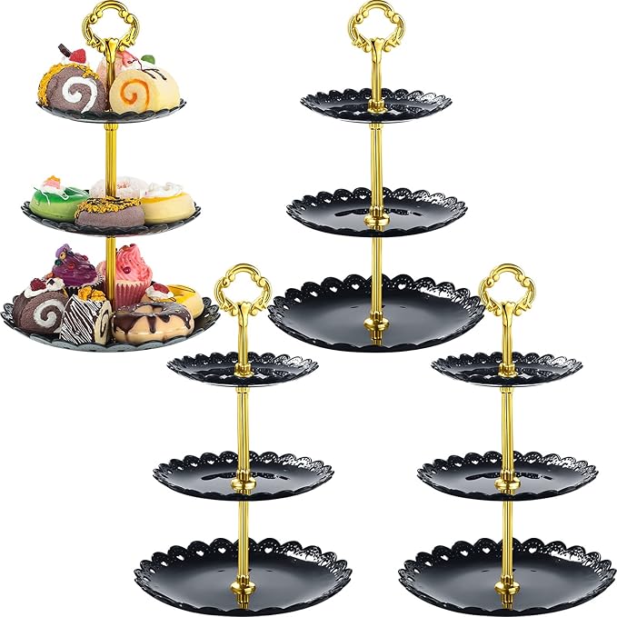 4 Sets 3 Tier Plastic Dessert Stand Black Cupcake Stand Mini Cake Fruit Candy Display Tower Reusable Tiered Snack Serving Tray Black Gold for Wedding Tea Party Decor