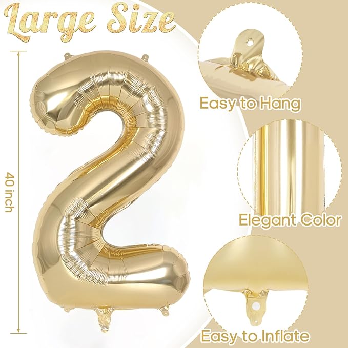 Champagne Gold Large Number 2 Balloon, 40 Inch Light Gold Foil Helium Number Balloons, Giant Mylar Number 2 Balloons for 2nd Years Old Birthday Party Anniversary Decorations