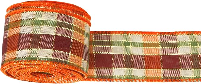Meseey 1.5 Inch x 10 Yards Orange Green Burgundy White Plaid Wired Ribbon, Fall Tartan Check Wired Edge Ribbon for Wreaths, Bows, Gift Wrapping, Thanksgiving & Halloween Decor(Burgundy/Orange)
