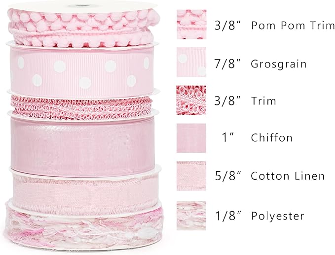 LaRibbons Pink Ribbons for Crafts 6 Rolls 30 Yards Total Thin Pink Ribbon for Baby Shower Sewing Gift Wrapping Clothing Trim Party and Home Decor