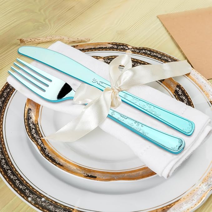 180 Pack Disposable Light Blue Plastic Silverware Contain 60 Forks,60 Spoons,60 Knives, Solid and Durable Plastic Cutlery Utensils Set Perfect for Parties,weddings.