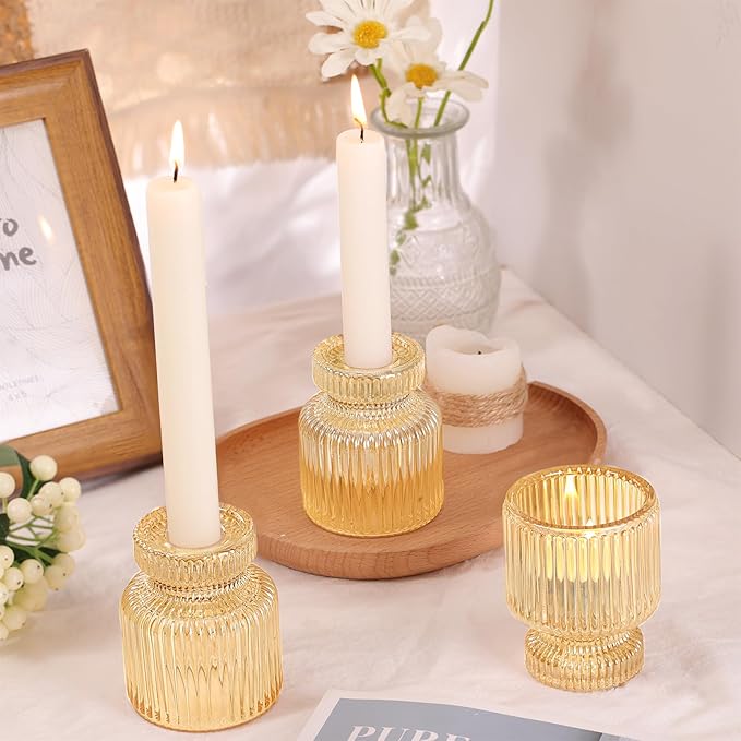 DARJEN 6 Pcs Gold Candlestick Holders - Glass Taper Candle Holders Tealight Votive Candle Holders for Table Centerpieces, Wedding, Dinner Party, Home, Gifts (Pack of 2)