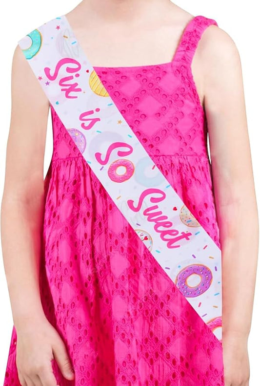 Donut 6th Birthday Party Favor Sash for Girl Six Is So Sweet Satin Sash Sweet Doughnut Theme Birthday Decoration for Birthday Girl Party Outfit Photo Prop Celebration Accessory