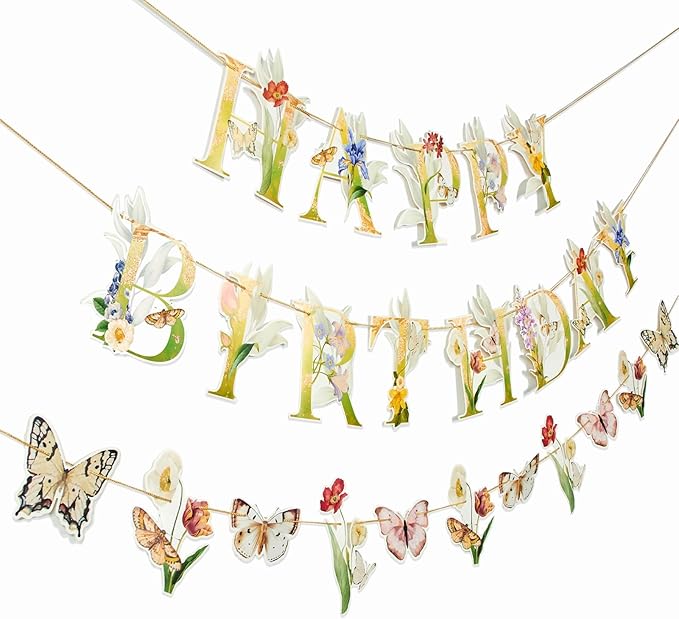 SUNBEAUTY Wildflower Butterfly Happy Birthday Banner Spring Floral Birthday Decorations Pre-Strung Butterfly Flower Garden Decor for Girls Women Baby Shower Wedding Tea Party