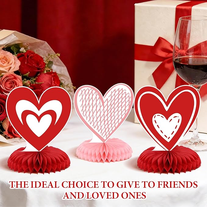 9Pcs Valentine's Day Honeycomb Centerpieces 3D Conversation Heart Tabletop Decorations Red Pink Love Table Topper Centerpiece for Wedding Anniversary Party Home Kitchen Table Decor