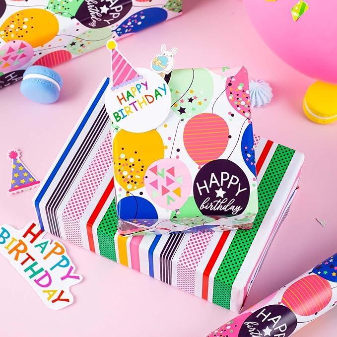 MAYPLUSS Birthday Gift Wrapping Paper Roll - 17 Inch x 16.4 Feet - Colorful Kids Style Confetti Balloons Birthday Festive Gift Wrap Paper for Boys,Girls Celebration, Holiday, Party, Baby Shower