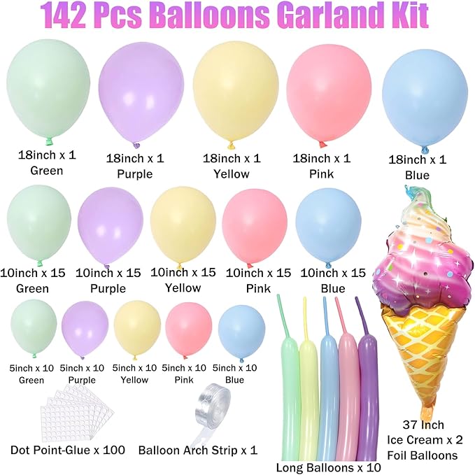 Pastel Balloon Garland Arch Kit, 142pcs Pastel Balloons Macaron Rainbow Balloons Ice Cream Foil Party Balloons for Birthday Ice Cream Theme Party Decorations