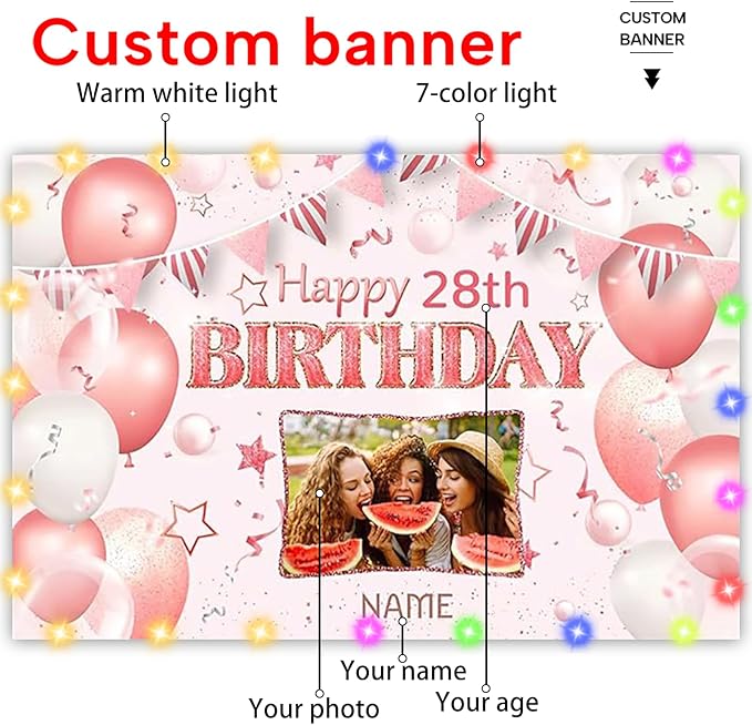 Custom Pink and Rose Gold Happy Birthday Party Decorations Supplies Birthday Party Backdrop for Women and Girls，Personalization Happy Birthday Banner Background