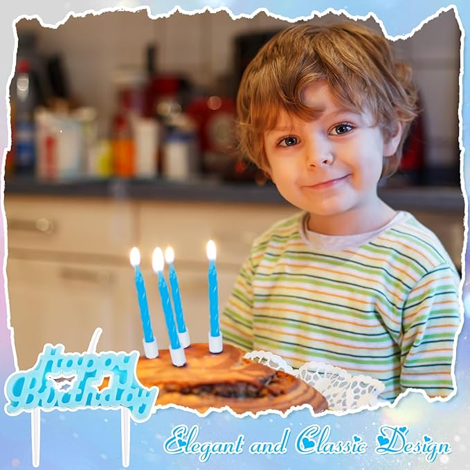MTLEE Happy Birthday Candles Letter Cake Topper with 10 Pcs 2.95 Inch Short Thin Spiral Candles for Cake Topper Birthday Decoration Party Supplies(Blue)