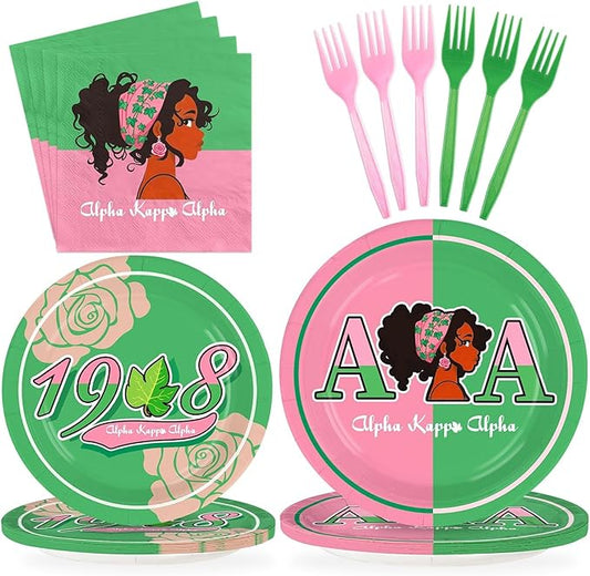 Grencian 96Pcs AKA Party Supplies AKA Plates and Napkins Disposable Hip Hop Style 1908 Pink Green Paper Tableware Set for Women Girls Sorority Birthday Party Decorations, Serves 24