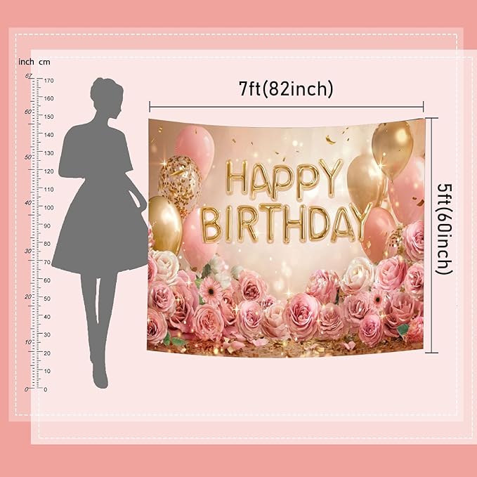 Mocsicka Rose Gold Birthday Backdrop Pink Balloon Floral Decorations for Women Girls Gold Anniversary Party Photography Background (Rose Gold, 120 x 96 Inch)