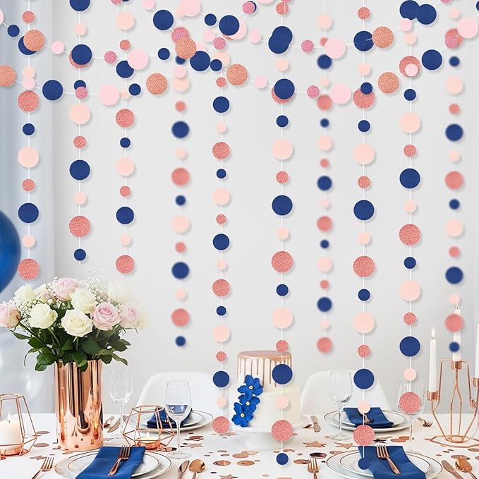 Outus 10 Pieces Blue,Pink,Rose Gold Round Dots Garland Graduation Party Hanging Decor Each Length 13.1ft Glitter Paper Dot Streamers for Birthday Wedding Classroom Supplies
