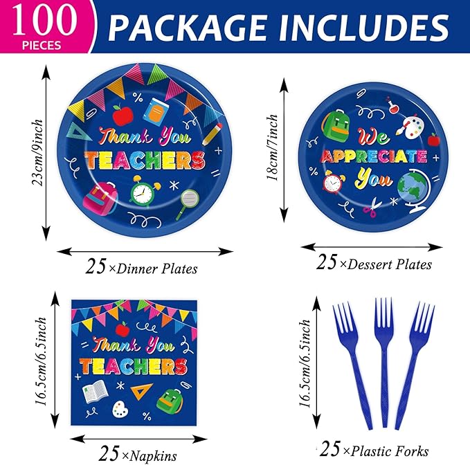 Qyeahkj 100 Pcs Thank You Teachers Decoration for We Appreciation You Paper Plate Napkin Set Graduation Be Thankful to Teacher Table Supplies Thank You Plates Teachers Day Tableware Decor Serves 25