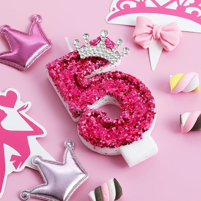 AKURIEEY Hot Pink Birthday Candles Crown Number 5 Candle Birthday Party Decorations Cake Topper Cupcake Decor for Anniversary Celebrations Supplies