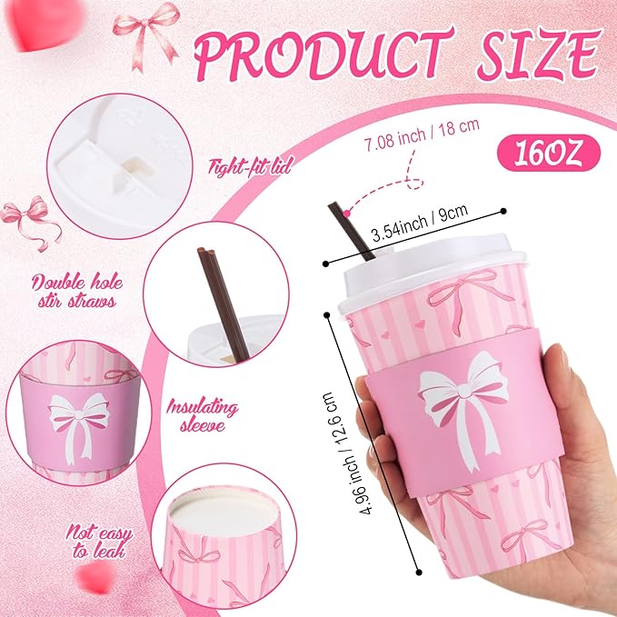 Jingmore 50 Set Pink Bow Coffee Cups with Lids, Straws and Sleeves Pink Bowknot Disposable Drinking Cup for Wedding Coquette Birthday Baby Shower Bachelorette Party Supplies (16 oz)