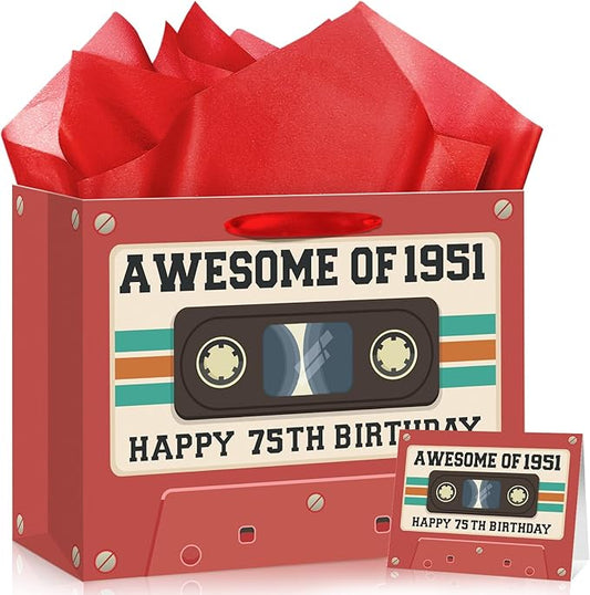 75th Birthday Gift Bag for Men Women Retro Tape 1951 Birthday Party Favor Bags with Tissue Paper and Greeting Card Vintage Cassette 75 Years Old Gift Wrapping Bag Decorations for Mom Dad Friends Gifts