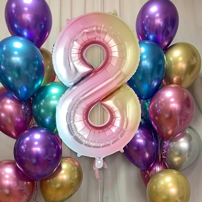 Rainbow Gradient Number 8 Balloon, 40 Inch Big Large Foil Number Balloons, Jumbo Giant Mylar Number 8 Balloons for 8 Year Old Birthday Party Decorations Supplies Anniversary Celebration