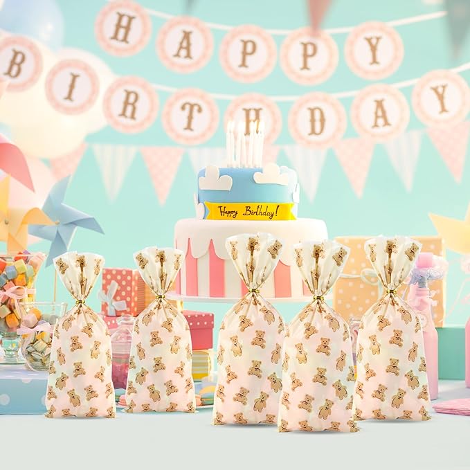 100 Pcs 5x11 Inch Cellophane Bags with 100 Gold Twist Ties, Little Bear Printed Clear Candy Bags, Food-Safe for Valentine's Day, Birthday, Christmas, Ideal for Cookies, Snacks & Party Favors