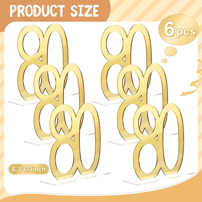 Threehoney 6 Pcs Mirror Gold 80th Birthday Decorations for Men and Women Acrylic Anniversary Decorations Table Numbers Centerpieces for Birthday Party