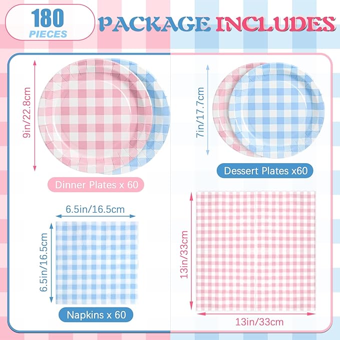 180Pcs Pink and Blue Gingham Party Supplies Paper Plates and Napkins Serve 60 Disposable Tableware Set for Shower Birthday Party Decorations Game Day Family Holiday