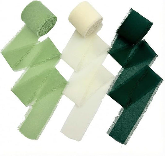 Frayed Edge Chiffon Ribbon 3 Pack, 1.5 Inch Wide Polyester Ribbon, 21 Yards Total in Dark Green, Beige and Pea Green for Wedding Bouquet Wrapping, Gift Decoration and Crafts