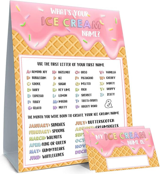 What's Your Ice Cream Name, Ice Cream Decorations for Birthday Party, 30PCS Sticker Name Cards for Birthday Party Supply