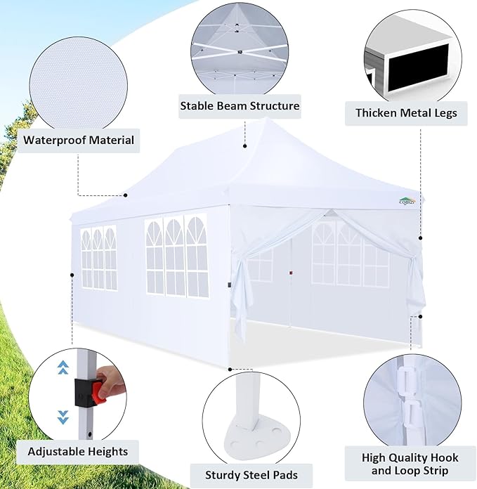 COBIZI 10x20 Pop Up Canopy with 6 Sidewalls, Conical Canopy Tents for Parties, Backyard, Commercial, Waterproof Event Tent Instant Shelter UV50+ Outdoor Gazebo with 4 Sandbags (Peak Drainage)