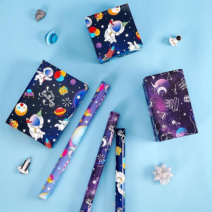 WERNNSAI Space Wrapping Paper Rolls - 3 Short Rolls Blue Galaxy Birthday Wrap Paper for Kids Boy Birthday Party Gift Packing Supply Decoration Favor with Cut Lines 17 in x 10 ft