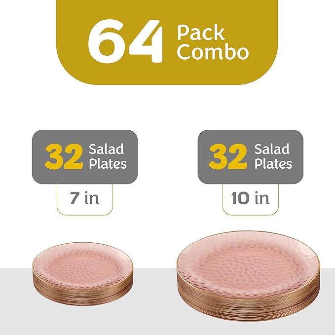 PLASTICPRO 64 Piece Combo Plates Set includes 32-7'' inch Plates & 32-10'' inch Dishes Rose Hammered Plastic PartyPlates Premium heavyweight Elegant, Disposable, Tableware, Dishes,