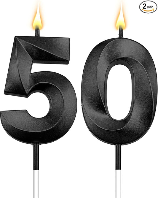 50th Candles, 50th Birthday Cake Topper with 50 Candles, Black Birthday Candles for Men & Women, 50 Birthday Decorations for Women Men