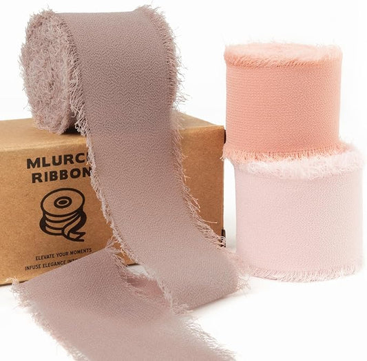 Dusty Rose Chiffon Ribbon 1.5 Inch x 21Yds Handmade Fringe Chiffon Silk Ribbon Brown/Peach/Pink Frayed Chiffon Ribbon for Wedding Invitation Flower Bouquets Bridal Shower Gift Wrapping