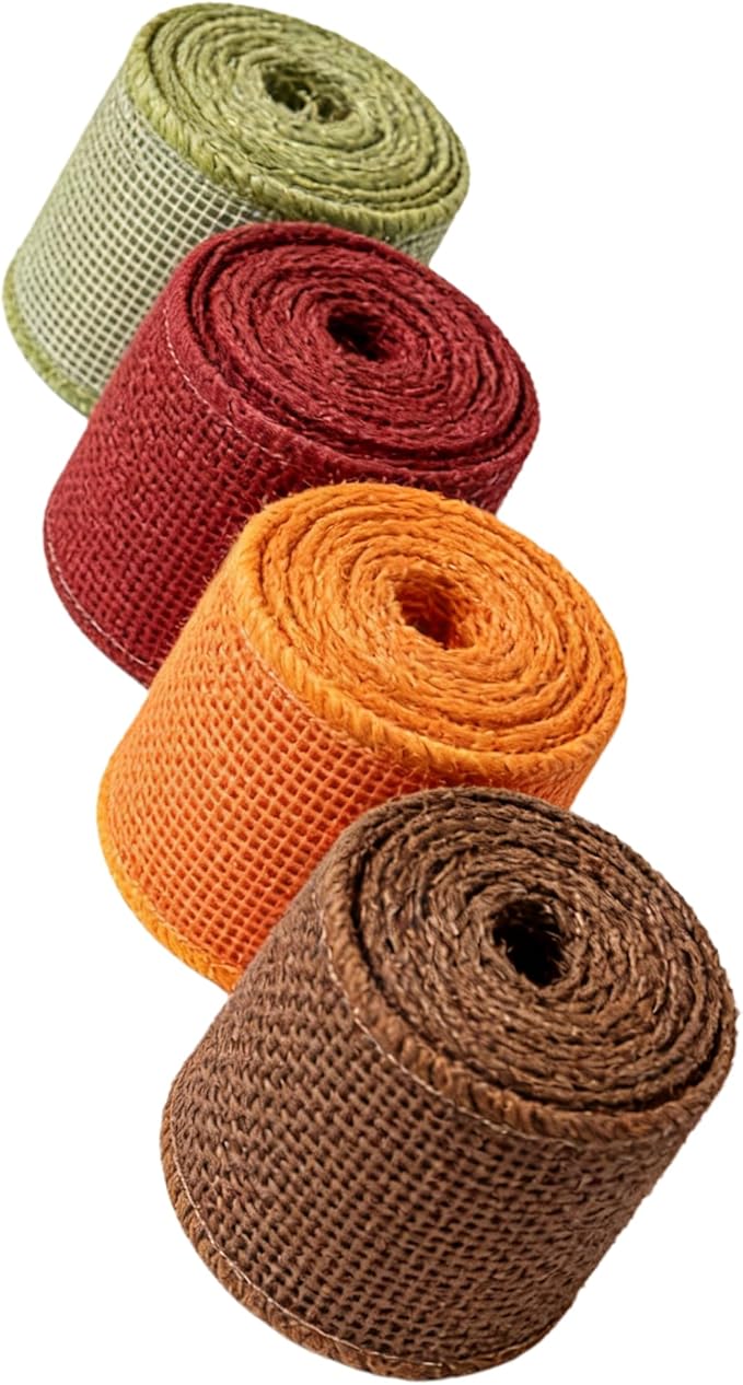Meseey 7/8 Inch Fall Burlap Wired Ribbon Set, 4 Rolls Total 40 Yards Sage Green/Burgundy/Orange/Brown Solid Wired Edge Ribbon for Wreaths, Bows, Gift Wrapping, Thanksgiving & Halloween Decor