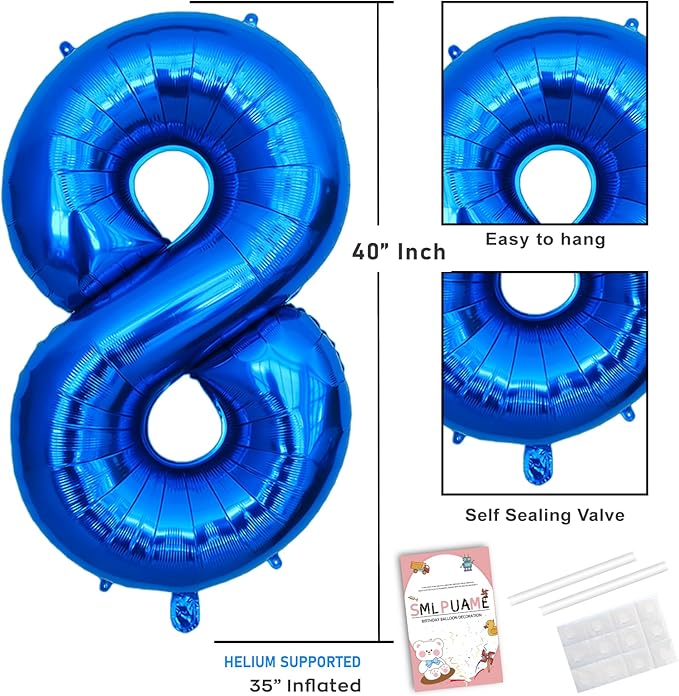 40 Inch Navy Blue 8 Balloon for 8th Birthday Party, Blue Eight Number Balloon 18 28 Birthday Decorations for Boys Girls Men Women, Helium Giant Foil Number 8 Balloon