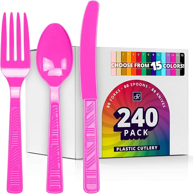 DecorRack Plastic Cutlery Set, Fuchsia Pink Colored Plastic Silverware Sets for Parties, 240 Piece Bulk Heavy Duty Utensils (Fuchsia Pink, 240 Pieces)