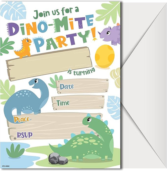 Dinosaur Birthday Invitations for Boys and Girls with Envelopes - (Pack of 20) - Dino Party Invites for Toddlers, Children and More. Fill in Style