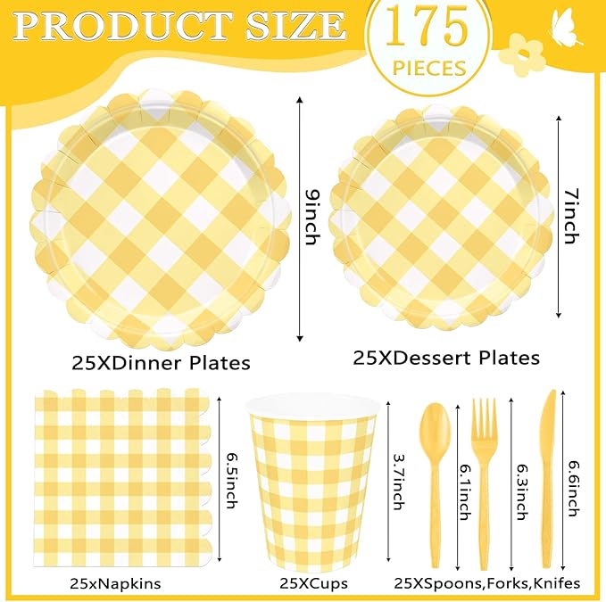 175 Pcs Yellow Scalloped Gingham Party Supplies for 25 Guests, Yellow and White Checkered Paper Plates, Cups and Napkins Sets for Baby & Bridal Shower, Wedding, Birthday Party, Outdoor Picnic