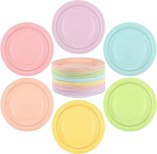 Breroa 144 Pieces Pastel Rainbow Paper Plates 7 Inch Bulk Paper Plates Disposable Round Dessert Plates Heavy Duty Solid Color Paper Plates Table Decors Party Supply for Birthday, Dinner, Wedding