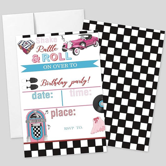 20 Sets 50's Sock Hop Birthday Party Invitations With Envelopes,Retro 1950's Jukebox Checkered Double-sided Printed Birthday Party Invitation Invite Cards for Teen Girls Boys,50's Birthday Invites