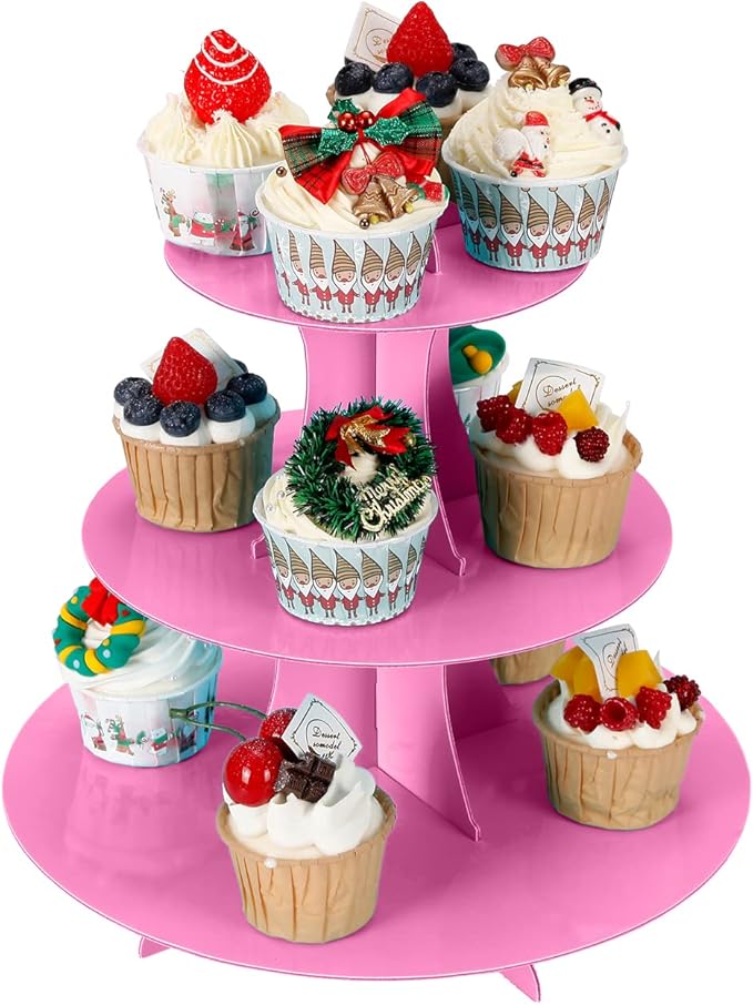 YLDW Cupcake Stand 2Pcs, 3-Tier Cupcake Stand Display, Cardboard Cup Cake Tower Stand, Disposable Dessert Stand for Birthday Tea Party Baby Shower Treat Decorations, Pink