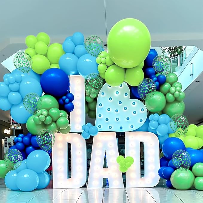 Blue Green Balloons 12 Inch Royal Blue Fruit Light Green Confetti Balloon with Ribbons for Boys Birthday Party Football Video Game Jungle Safari Themed Decoration