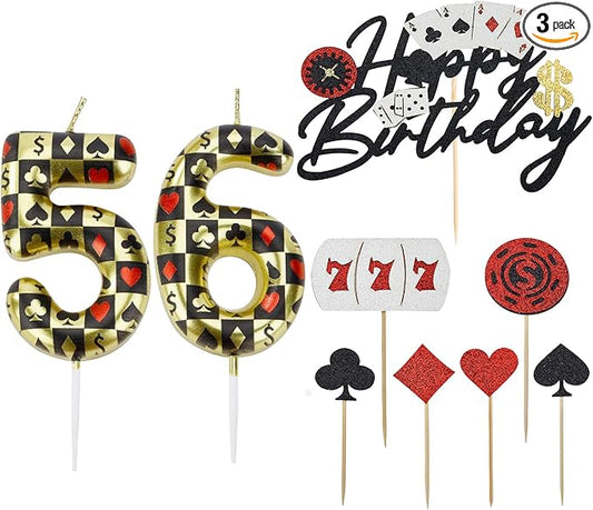 Casino Birthday Number Candles for Cake, Poker Birthday Candles for Casino Themed Birthday Party Decoration, Glitter Casino Birthday Cake Topper for Casino Night Theme Birthday Cake (Number 56 & 65)